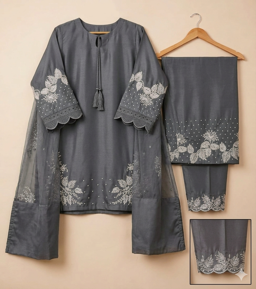 3 piece Women  Dress Full Embroidery Silk