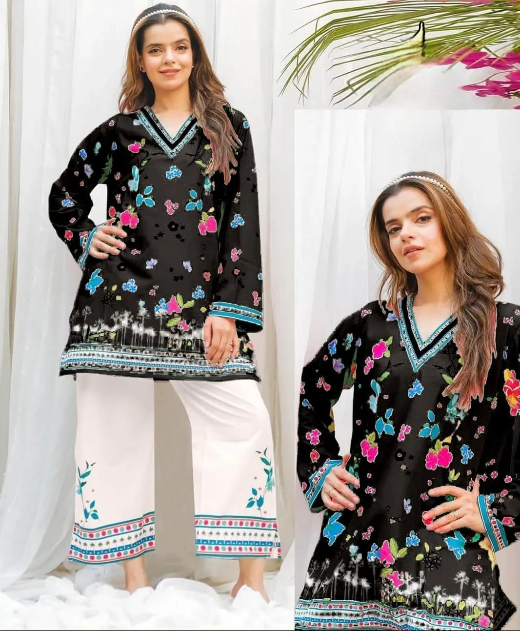 Women Swiss Lawn Printed Shirt & Trouser Set White Medium