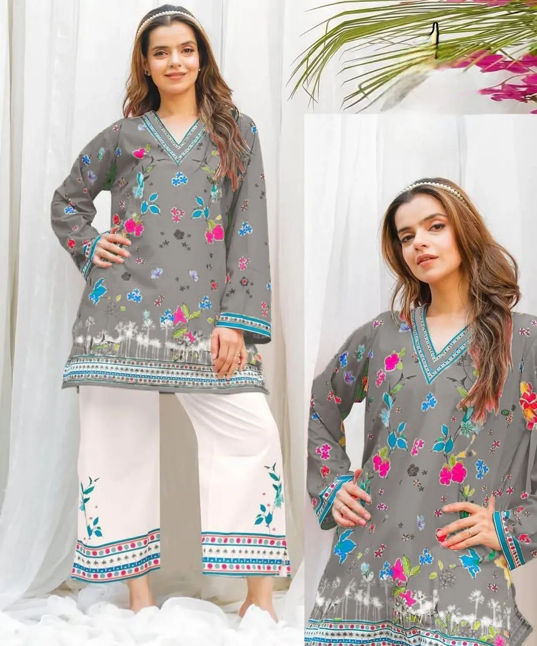 Women Swiss Lawn Printed Shirt & Trouser Set White Medium