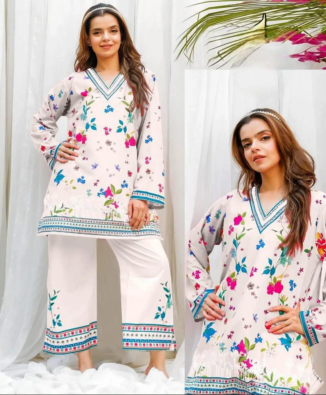 Women Swiss Lawn Printed Shirt & Trouser Set White Medium