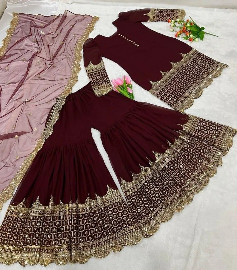 Maroon Embroidered 3Pcs Shamoz Silk Suit for Eid