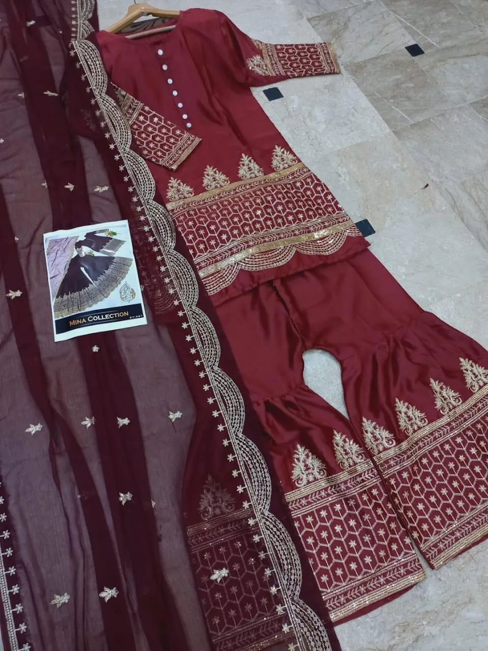 Maroon Embroidered 3Pcs Shamoz Silk Suit for Eid