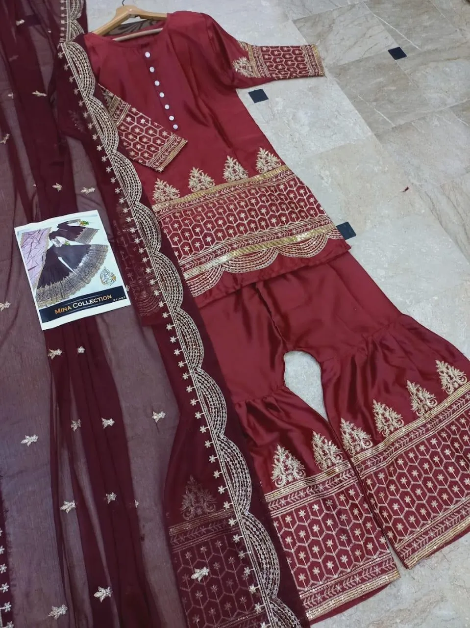 Maroon Embroidered 3Pcs Shamoz Silk Suit for Eid