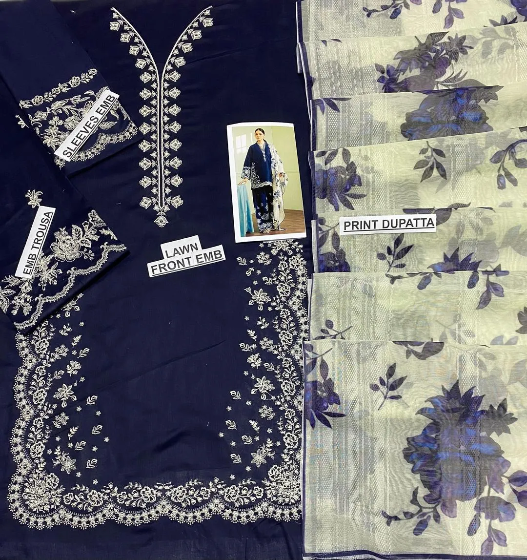 Blue Embroidered 3 Pcs Women's Lawn Suit