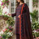 Side profile view of a model posing on a balcony wearing an indigo rouge 3 piece premium summer lawn suit, showcasing the continuous geometric micro-motif print and detailed red border.