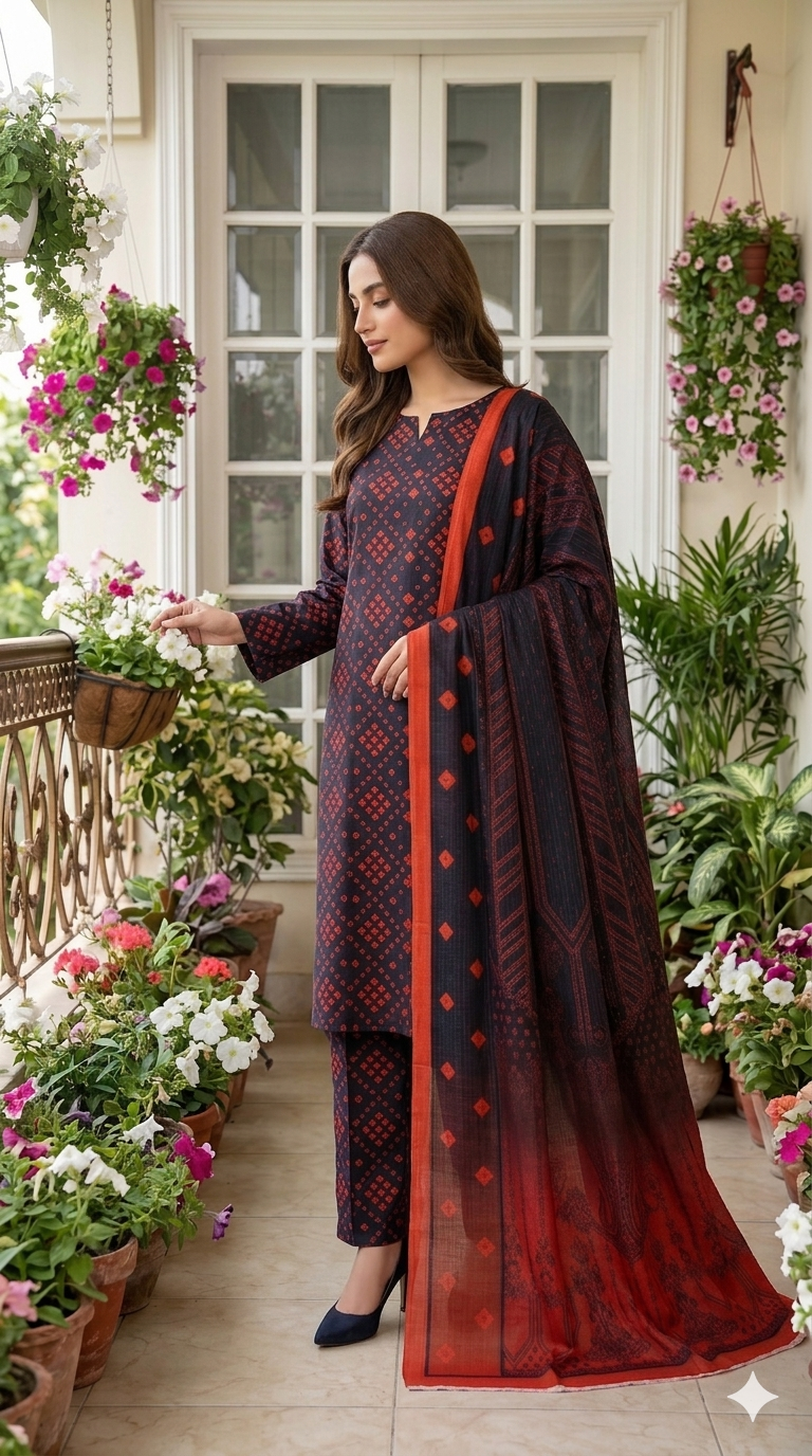Side profile view of a model posing on a balcony wearing an indigo rouge 3 piece premium summer lawn suit, showcasing the continuous geometric micro-motif print and detailed red border.