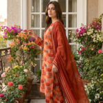 Side profile view of a model standing on a balcony in an amber grove 3 piece premium summer lawn suit, highlighting the terracotta and burnt orange matching separates design with a draped striped border dupatta.