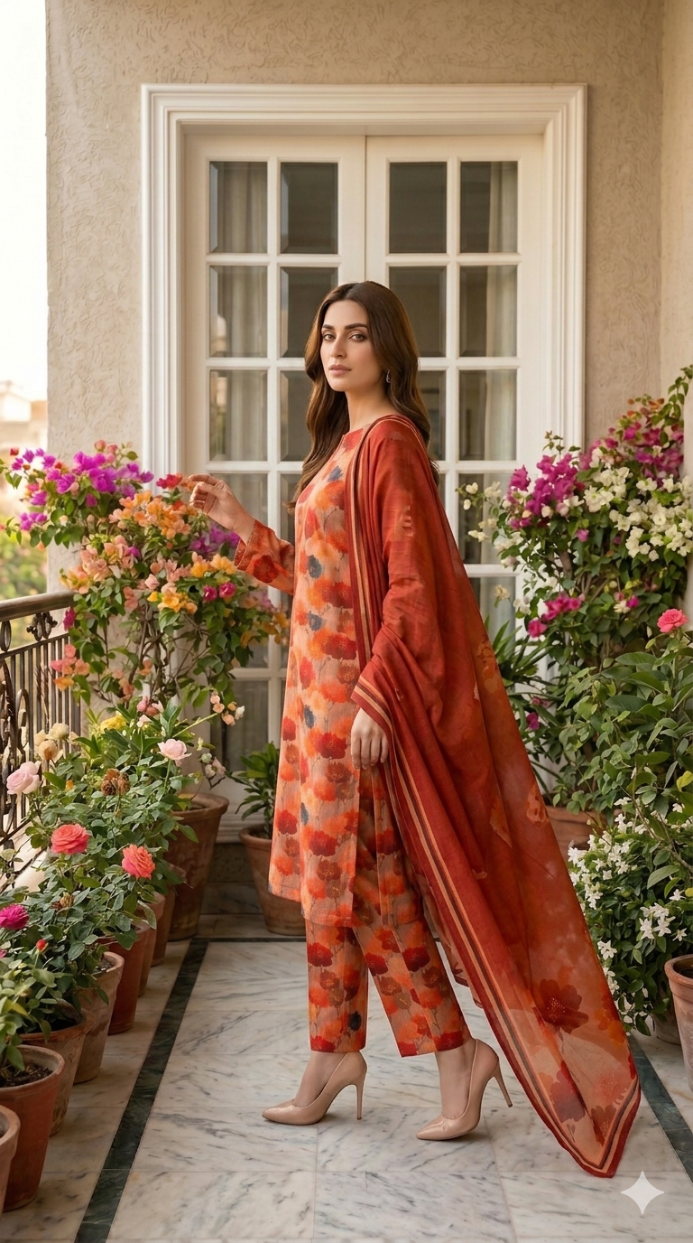 Side profile view of a model standing on a balcony in an amber grove 3 piece premium summer lawn suit, highlighting the terracotta and burnt orange matching separates design with a draped striped border dupatta.