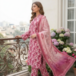 Side profile view of a model standing on a balcony wearing a blush lattice 3 piece premium summer lawn suit, showcasing the textured pink matching separates and flowing gradient dupatta.