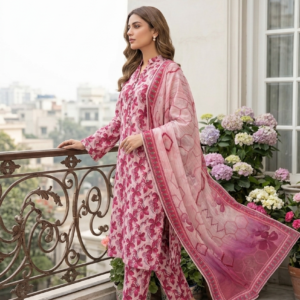 Side profile view of a model standing on a balcony wearing a blush lattice 3 piece premium summer lawn suit, showcasing the textured pink matching separates and flowing gradient dupatta.