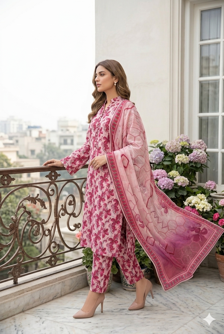 Side profile view of a model standing on a balcony wearing a blush lattice 3 piece premium summer lawn suit, showcasing the textured pink matching separates and flowing gradient dupatta.