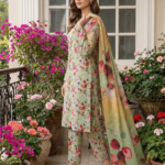 Side profile view of a model posing on a balcony in a mint orchard 3 piece premium summer lawn suit, highlighting the textured mint green print design and draped ombré dupatta.