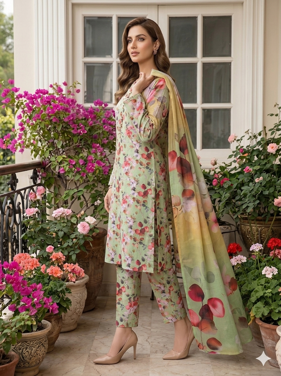 Side profile view of a model posing on a balcony in a mint orchard 3 piece premium summer lawn suit, highlighting the textured mint green print design and draped ombré dupatta.