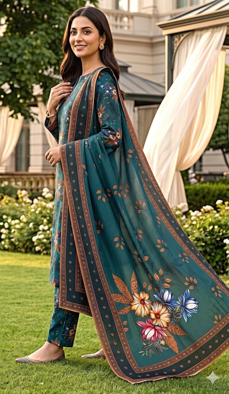 Side profile of a smiling model walking on a garden lawn wearing a teal spruce 3 piece elegent summer lawn suit, showcasing a long draped dupatta with detailed geometric borders and decorative pallu corners.
