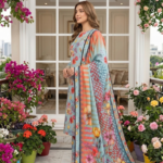Side profile view of a model posing outdoors in a sky meadow 3 piece premium summer lawn suit showcasing the intricate checkerboard border dupatta.