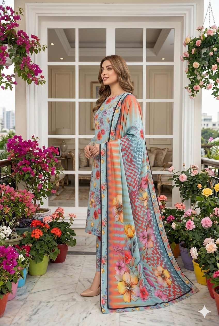 Side profile view of a model posing outdoors in a sky meadow 3 piece premium summer lawn suit showcasing the intricate checkerboard border dupatta.