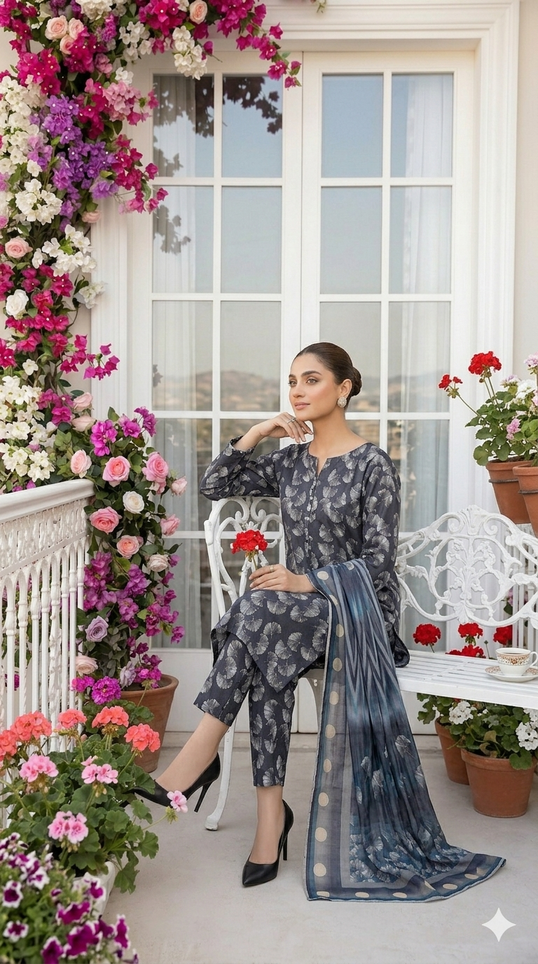 Model sitting on a white bench in a terrace setting wearing the ginkgo maze 3 piece premium lawn suit, showcasing the charcoal indigo matching printed shirt and trousers with a draped patterned dupatta.