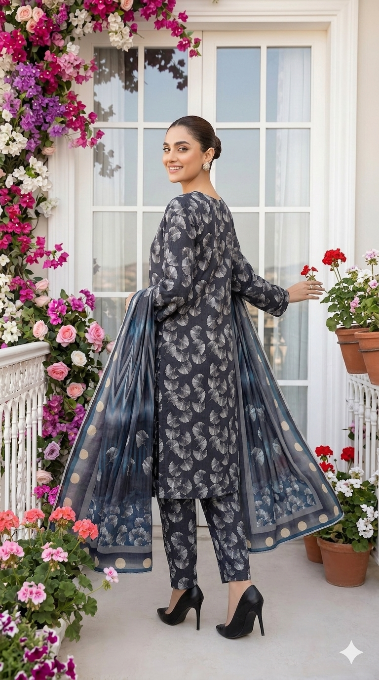 Back view of a model looking over her shoulder wearing the ginkgo maze 3 piece premium lawn suit, highlighting the continuous fan leaf print on the trousers and the fully flared chevron stripe and polka dot dupatta.