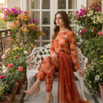 Model sitting on a white garden bench wearing an amber grove 3 piece premium summer lawn suit with matching printed trousers and a terracotta dupatta draped gracefully onto the floor.