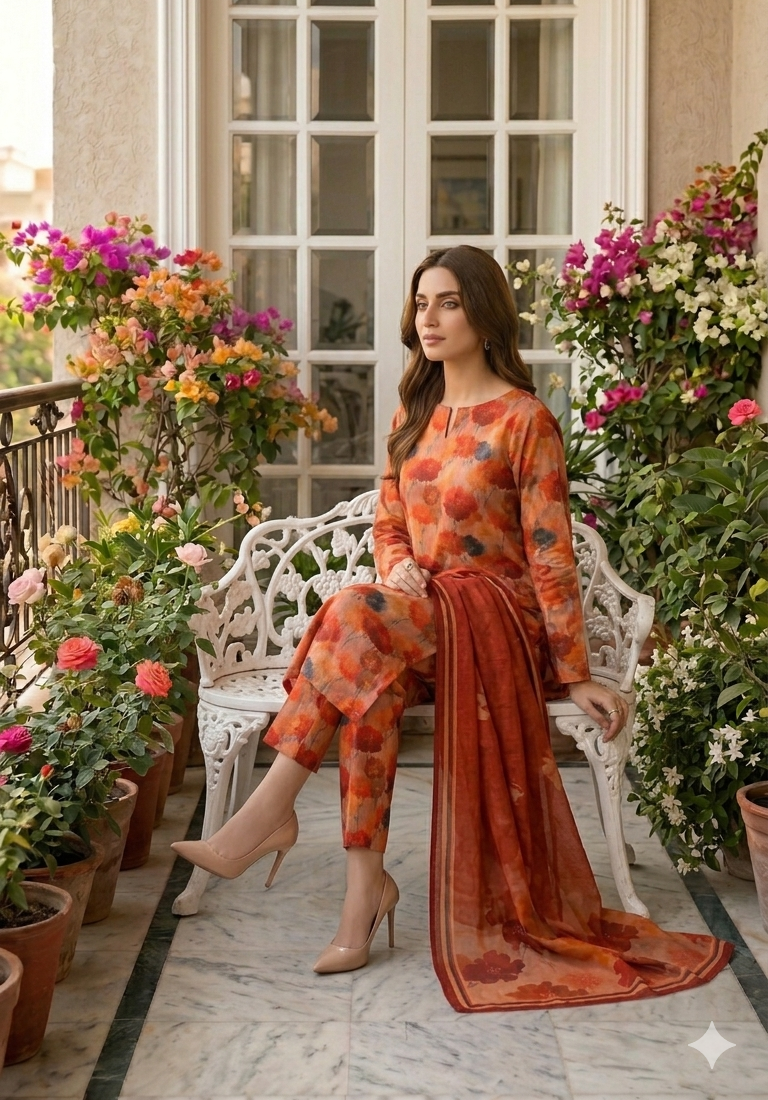 Model sitting on a white garden bench wearing an amber grove 3 piece premium summer lawn suit with matching printed trousers and a terracotta dupatta draped gracefully onto the floor.
