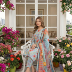 Model sitting on a white bench wearing a sky meadow 3 piece premium summer lawn suit with matching printed trousers and a vibrant draped dupatta.