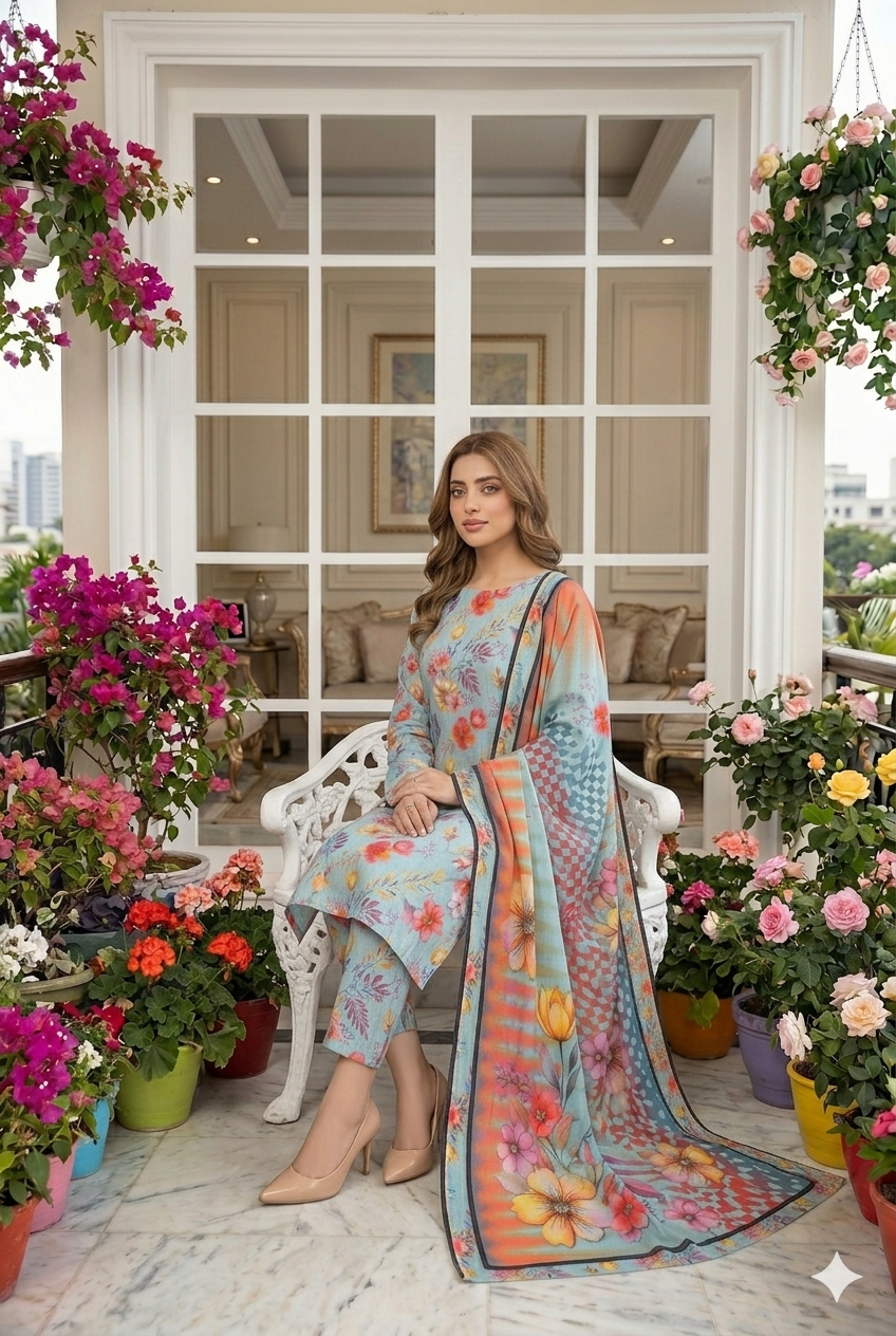 Model sitting on a white bench wearing a sky meadow 3 piece premium summer lawn suit with matching printed trousers and a vibrant draped dupatta.