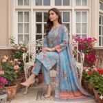 Model sitting on a white wrought iron bench in a courtyard wearing an ice apricot 3 piece pretty summer lawn suit, displaying the powder blue co-ord set and draped patterned dupatta.