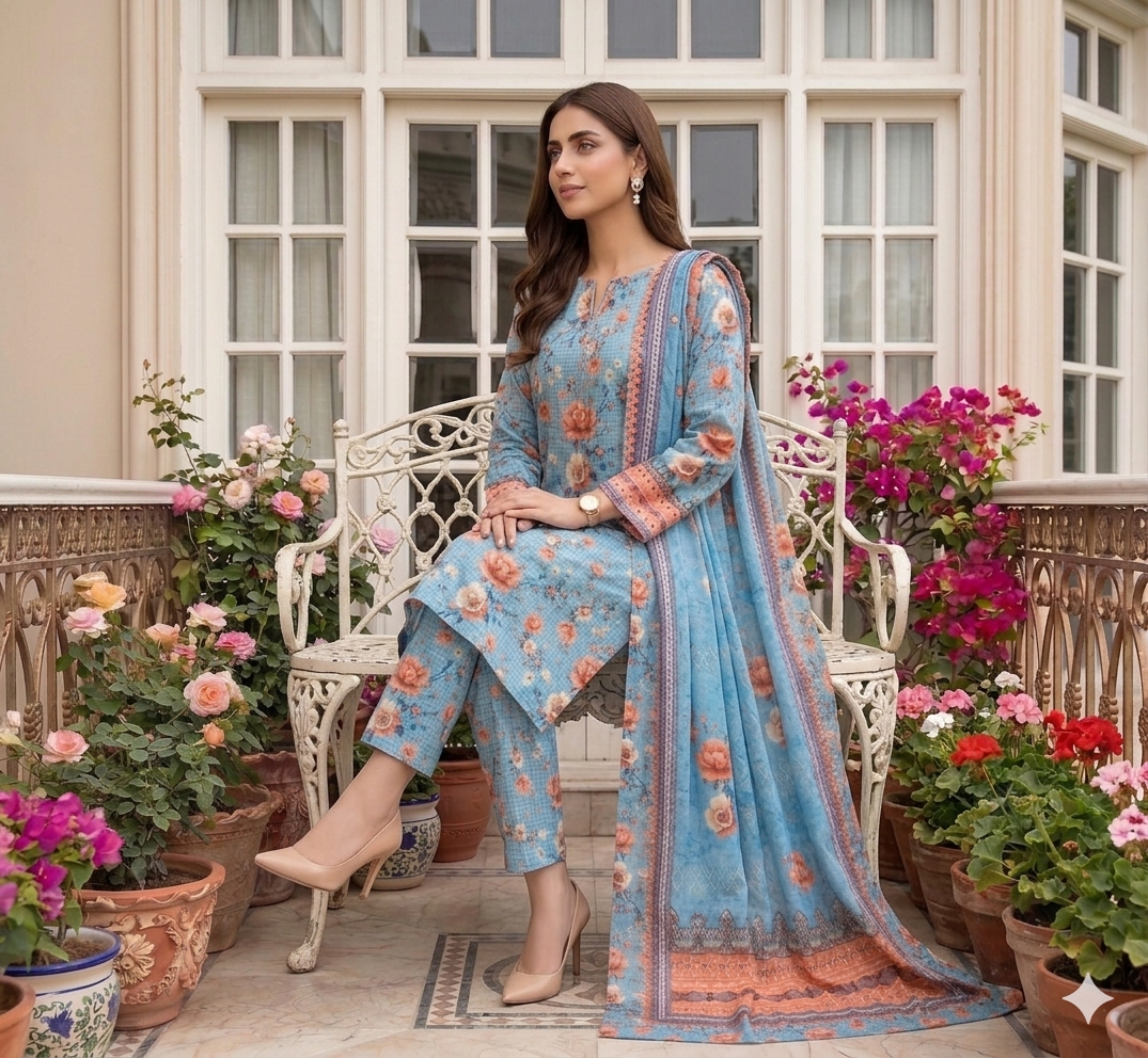 Model sitting on a white wrought iron bench in a courtyard wearing an ice apricot 3 piece pretty summer lawn suit, displaying the powder blue co-ord set and draped patterned dupatta.