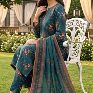 Model sitting on a white garden chair wearing a teal spruce 3 piece elegent summer lawn suit, displaying the matching teal blue printed shirt, trousers, and a gracefully draped patterned dupatta on the grass.