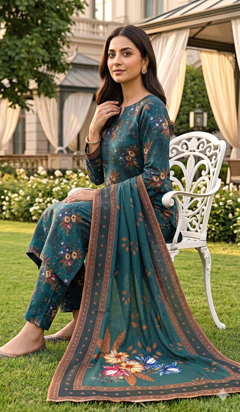 Model sitting on a white garden chair wearing a teal spruce 3 piece elegent summer lawn suit, displaying the matching teal blue printed shirt, trousers, and a gracefully draped patterned dupatta on the grass.