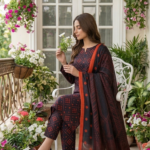 Model sitting on a white vintage chair holding flowers, dressed in an indigo rouge 3 piece premium summer lawn suit featuring a matching print trouser and an ombré gradient dupatta.