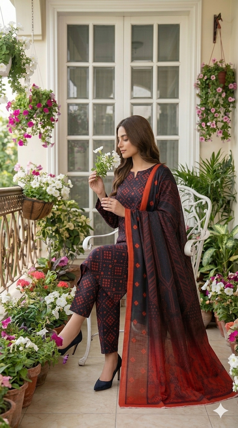 Model sitting on a white vintage chair holding flowers, dressed in an indigo rouge 3 piece premium summer lawn suit featuring a matching print trouser and an ombré gradient dupatta.