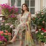 Model sitting on a white garden bench wearing a mint orchard 3 piece premium summer lawn suit with matching printed trousers and a mustard to green gradient dupatta.