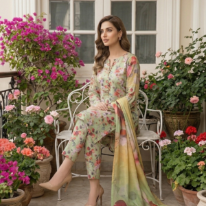 Model sitting on a white garden bench wearing a mint orchard 3 piece premium summer lawn suit with matching printed trousers and a mustard to green gradient dupatta.