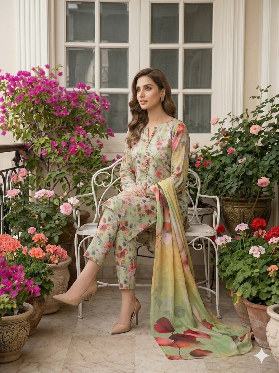 Model sitting on a white garden bench wearing a mint orchard 3 piece premium summer lawn suit with matching printed trousers and a mustard to green gradient dupatta.