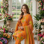 Full-length view of a model sitting on a white chair wearing the citrus vine 3 piece premium summer lawn suit, showcasing the tangerine orange and lime green gradient print shirt and matching trousers.