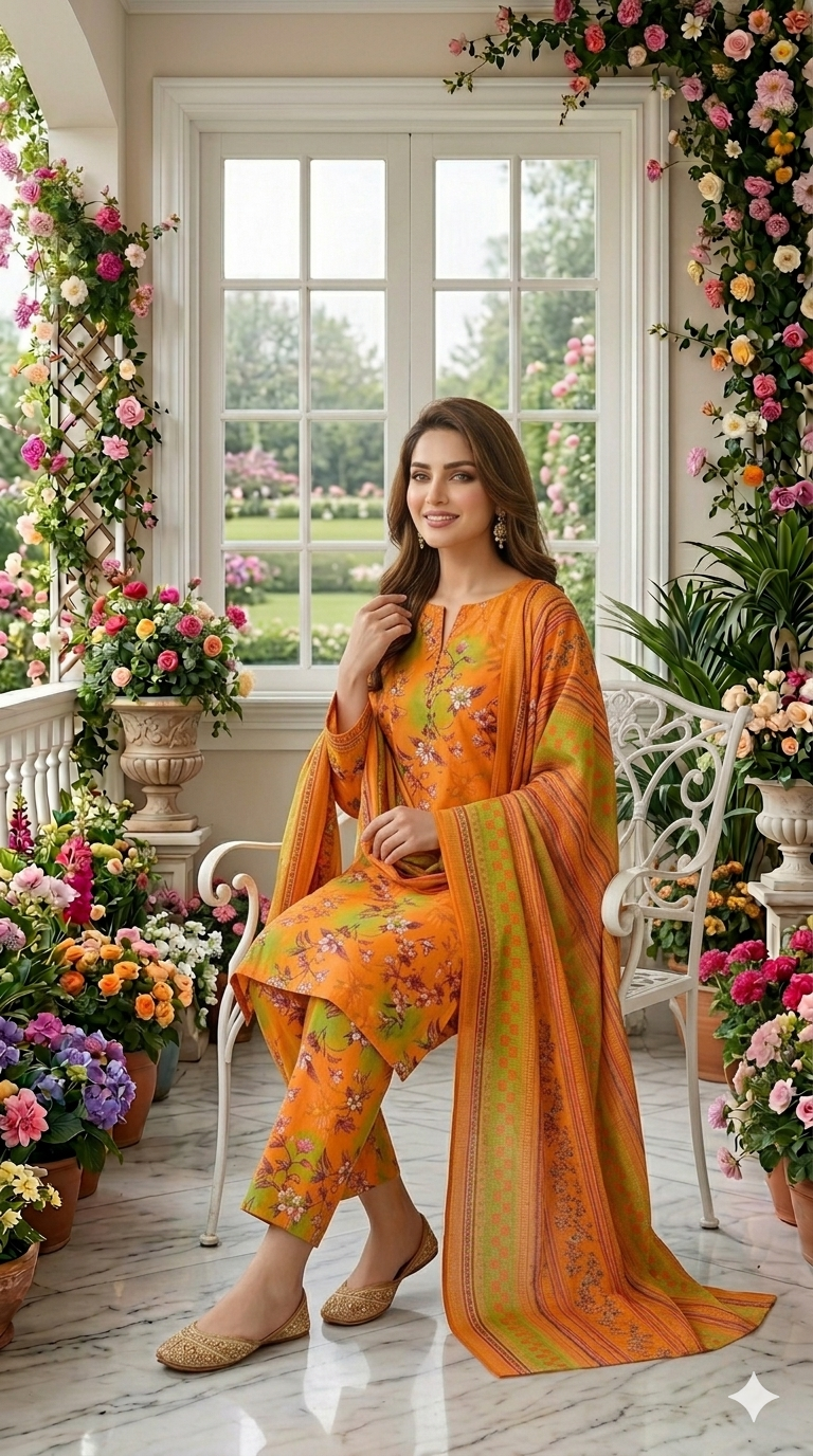 Full-length view of a model sitting on a white chair wearing the citrus vine 3 piece premium summer lawn suit, showcasing the tangerine orange and lime green gradient print shirt and matching trousers.