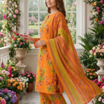 Side profile of a model standing in a garden setting wearing a citrus vine 3 piece premium summer lawn suit, featuring a detailed look at the striped and checkered border dupatta with orange and green tones.