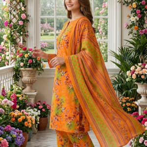 Side profile of a model standing in a garden setting wearing a citrus vine 3 piece premium summer lawn suit, featuring a detailed look at the striped and checkered border dupatta with orange and green tones.