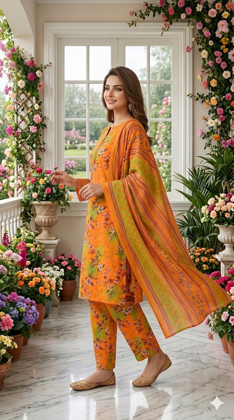 Side profile of a model standing in a garden setting wearing a citrus vine 3 piece premium summer lawn suit, featuring a detailed look at the striped and checkered border dupatta with orange and green tones.