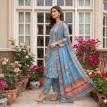 Side profile of a model standing amidst potted plants wearing an ice apricot 3 piece pretty summer lawn suit, showcasing the micro-checkered powder blue printed shirt, trousers, and a long patterned dupatta.