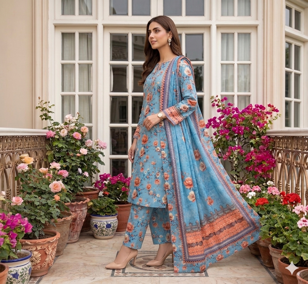 Side profile of a model standing amidst potted plants wearing an ice apricot 3 piece pretty summer lawn suit, showcasing the micro-checkered powder blue printed shirt, trousers, and a long patterned dupatta.