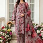 Woman posing indoors wearing a rose pink floral printed 3 piece lawn suit with a grey base and matching geometric patterned dupatta.