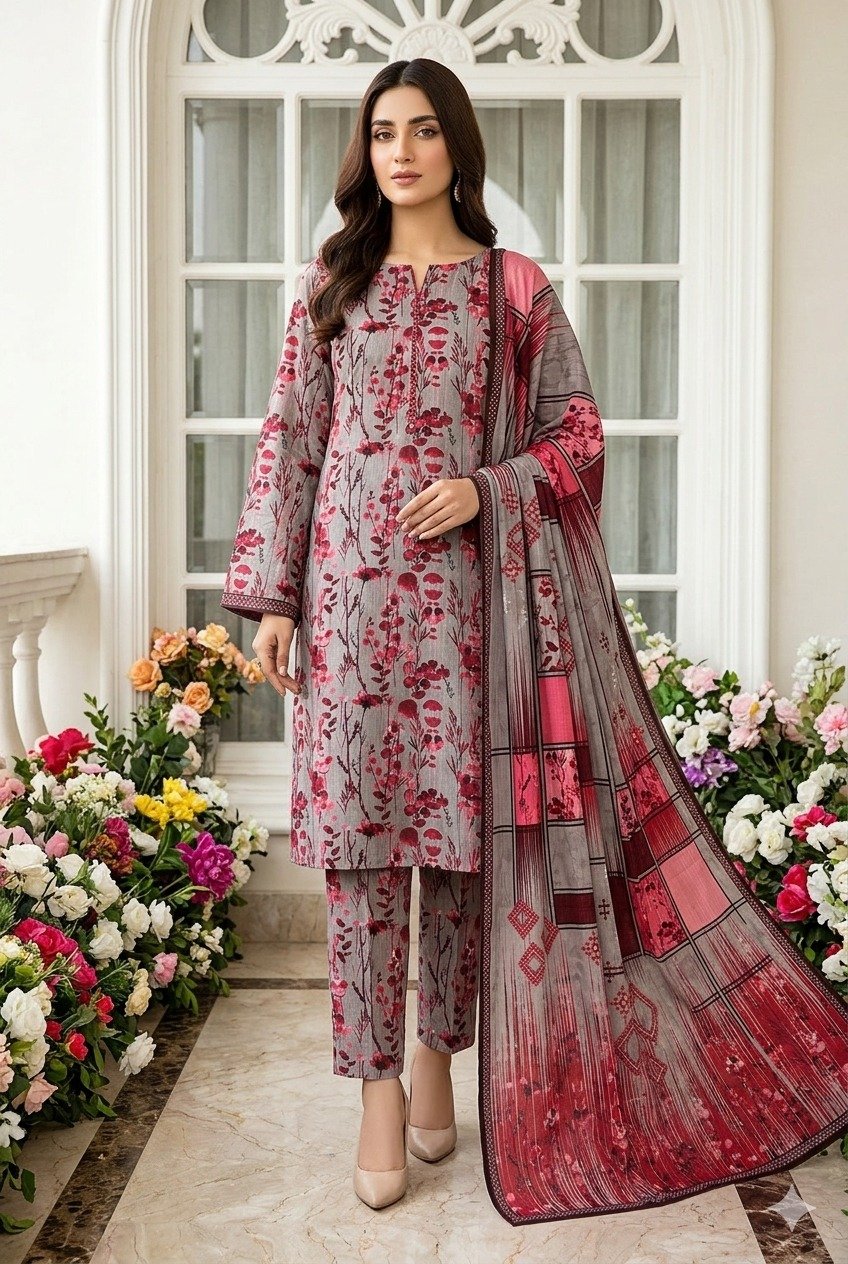 Woman posing indoors wearing a rose pink floral printed 3 piece lawn suit with a grey base and matching geometric patterned dupatta.