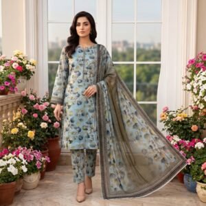 Woman in a serene sky blue and olive green premium floral 3 piece lawn suit for women holding a matching printed dupatta.