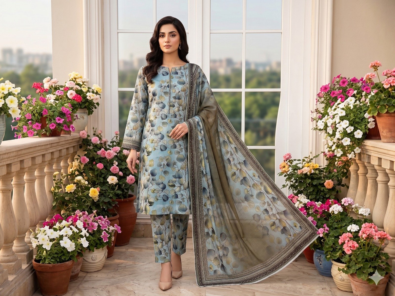 Woman in a serene sky blue and olive green premium floral 3 piece lawn suit for women holding a matching printed dupatta.