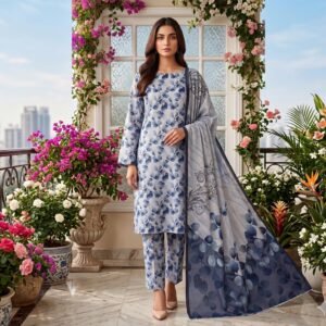 Woman wearing a pastel ice blue floral printed 3 piece lawn suit with matching patterned trousers and a blue leaf design dupatta.