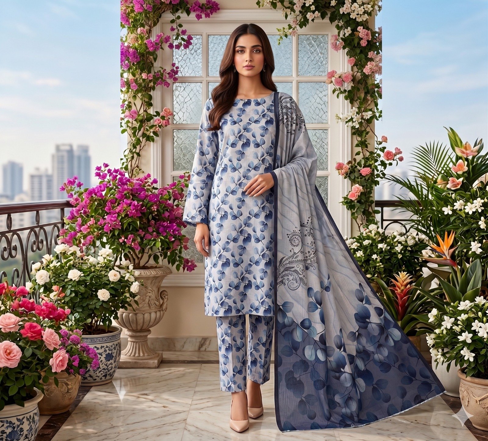 Woman wearing a pastel ice blue floral printed 3 piece lawn suit with matching patterned trousers and a blue leaf design dupatta.