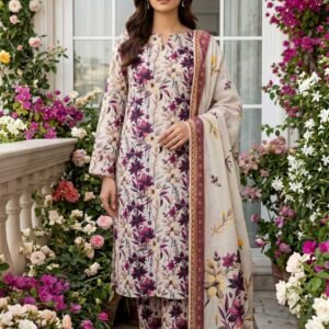 Premium 3-piece Pakistani lawn suit with elegant floral print and decorative dupatta.