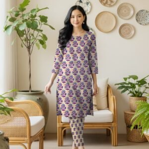 Model posing in a matching 2-piece cream lawn co-ord set with Tez Jamni (Dark Purple) floral block print motifs.
